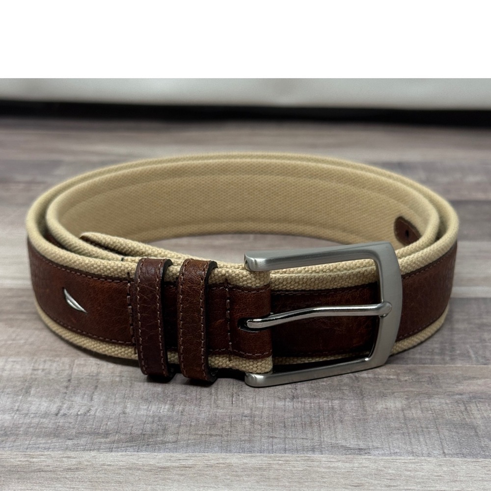 Belt Mens 36 Tan Brown Leather Inlay Canvas Silver Buckle Nautica Preppy Sailing